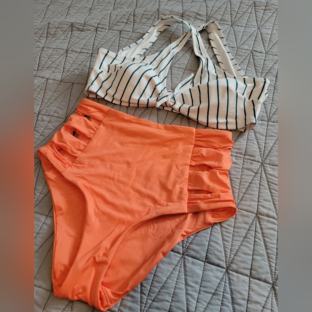 High Waisted Orange Bikini Bottoms w/ White & Teal Striped Wrap Around Top - Picture 2 of 7